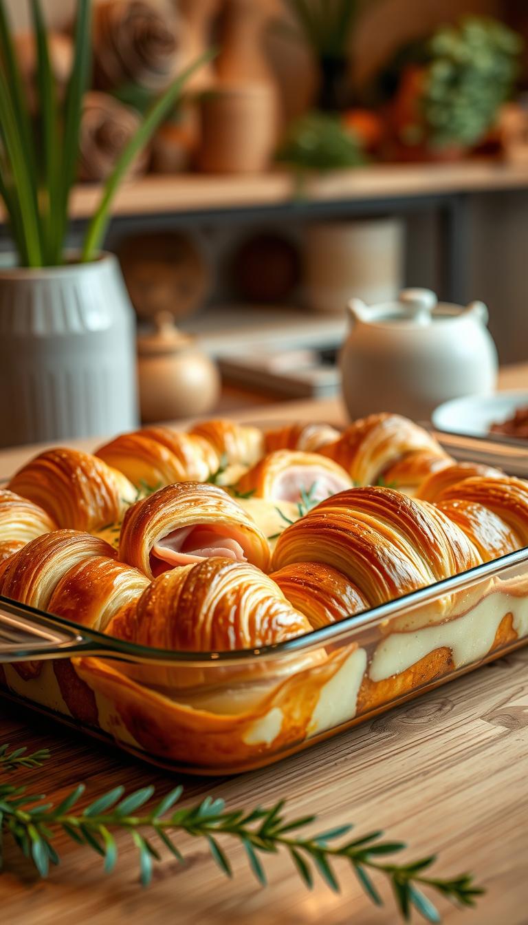 A sumptuous ham and cheese croissant bake, freshly baked and glistening in a well-lit kitchen. The flaky, golden-brown croissant dough surrounds melted Swiss cheese and savory slices of ham, creating a mouthwatering centerpiece. The casserole dish is placed on a wooden table, surrounded by a natural, earthy backdrop of plants and rustic decor. Warm, soft lighting casts a cozy, inviting atmosphere, while a shallow depth of field highlights the delectable details of the dish. The scene evokes a welcoming, weekend brunch setting, where this delightful casserole takes center stage.
