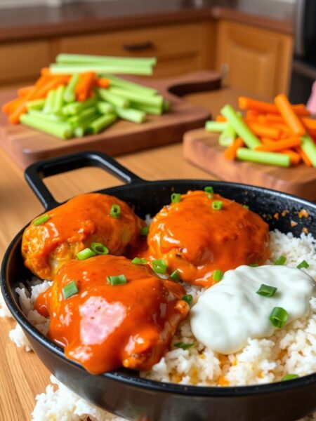A tasty and comforting dish on a dinner table. In the foreground, a cast-iron skillet filled with juicy chicken thighs coated in a vibrant, tangy buffalo sauce, nestled among fluffy white rice. The chicken pieces are crispy on the outside and tender on the inside. Specks of green scallions and a drizzle of creamy ranch dressing add a fresh, cooling contrast. In the middle ground, a wooden cutting board with sliced celery and carrot sticks, ready to scoop up the delicious sauce. The background features a warm, rustic kitchen setting with wooden cabinets and a tile backsplash, bathed in soft, even lighting that enhances the appetizing colors and textures of the meal.