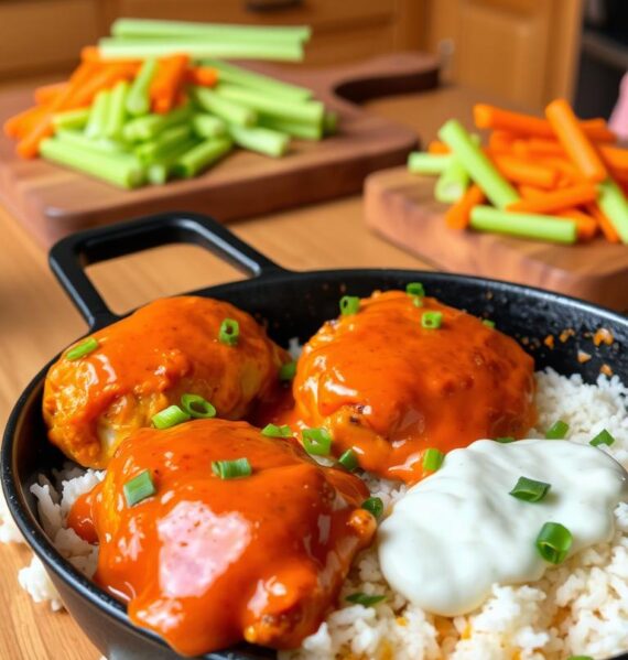 A tasty and comforting dish on a dinner table. In the foreground, a cast-iron skillet filled with juicy chicken thighs coated in a vibrant, tangy buffalo sauce, nestled among fluffy white rice. The chicken pieces are crispy on the outside and tender on the inside. Specks of green scallions and a drizzle of creamy ranch dressing add a fresh, cooling contrast. In the middle ground, a wooden cutting board with sliced celery and carrot sticks, ready to scoop up the delicious sauce. The background features a warm, rustic kitchen setting with wooden cabinets and a tile backsplash, bathed in soft, even lighting that enhances the appetizing colors and textures of the meal.