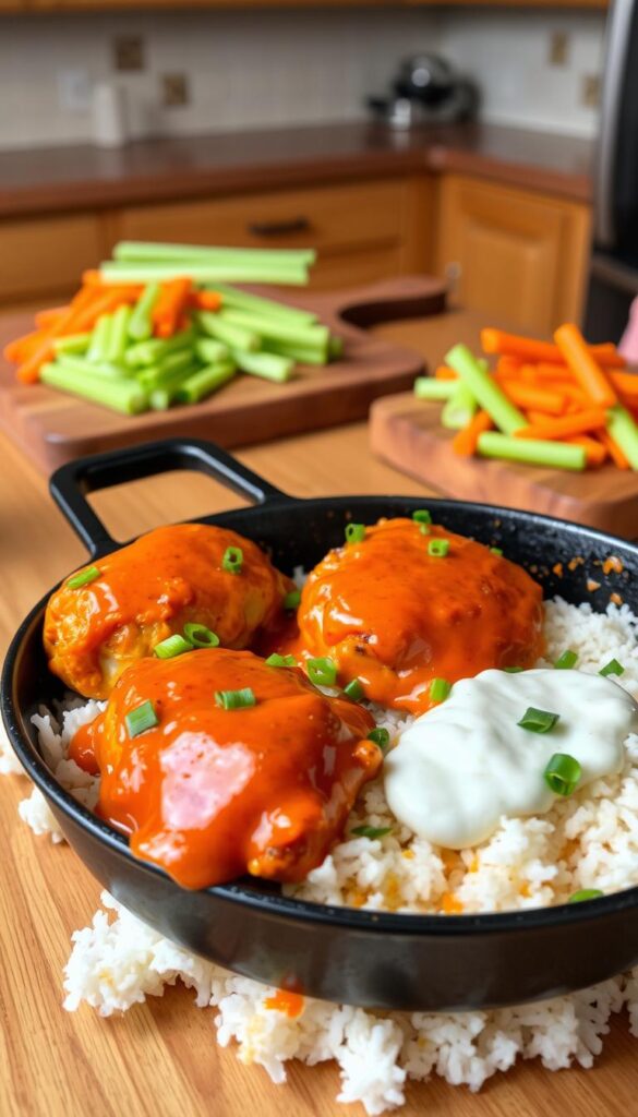 A tasty and comforting dish on a dinner table. In the foreground, a cast-iron skillet filled with juicy chicken thighs coated in a vibrant, tangy buffalo sauce, nestled among fluffy white rice. The chicken pieces are crispy on the outside and tender on the inside. Specks of green scallions and a drizzle of creamy ranch dressing add a fresh, cooling contrast. In the middle ground, a wooden cutting board with sliced celery and carrot sticks, ready to scoop up the delicious sauce. The background features a warm, rustic kitchen setting with wooden cabinets and a tile backsplash, bathed in soft, even lighting that enhances the appetizing colors and textures of the meal.