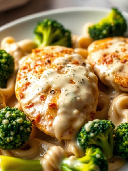 A tempting keto-friendly chicken Alfredo dish, featuring tender chicken breasts simmered in a rich, creamy Alfredo sauce, accompanied by vibrant broccoli florets. The dish is beautifully plated, with the chicken and broccoli arranged in an appetizing, visually appealing manner. The Alfredo sauce glistens, creating a mouth-watering contrast against the matte finish of the chicken and broccoli. Warm lighting casts a cozy, inviting glow over the scene, emphasizing the dish's comfort food appeal. The overall composition is balanced and visually striking, capturing the essence of a satisfying, low-carb, and nutritious meal.