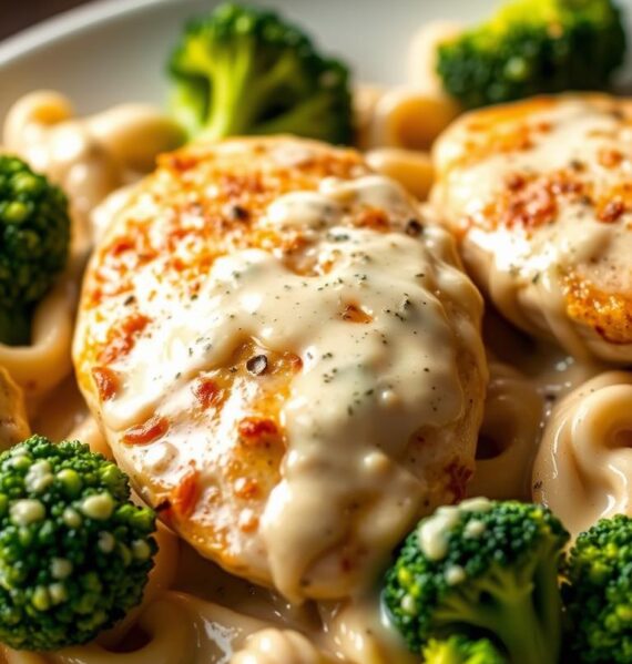 A tempting keto-friendly chicken Alfredo dish, featuring tender chicken breasts simmered in a rich, creamy Alfredo sauce, accompanied by vibrant broccoli florets. The dish is beautifully plated, with the chicken and broccoli arranged in an appetizing, visually appealing manner. The Alfredo sauce glistens, creating a mouth-watering contrast against the matte finish of the chicken and broccoli. Warm lighting casts a cozy, inviting glow over the scene, emphasizing the dish's comfort food appeal. The overall composition is balanced and visually striking, capturing the essence of a satisfying, low-carb, and nutritious meal.