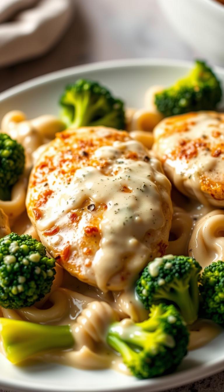 A tempting keto-friendly chicken Alfredo dish, featuring tender chicken breasts simmered in a rich, creamy Alfredo sauce, accompanied by vibrant broccoli florets. The dish is beautifully plated, with the chicken and broccoli arranged in an appetizing, visually appealing manner. The Alfredo sauce glistens, creating a mouth-watering contrast against the matte finish of the chicken and broccoli. Warm lighting casts a cozy, inviting glow over the scene, emphasizing the dish's comfort food appeal. The overall composition is balanced and visually striking, capturing the essence of a satisfying, low-carb, and nutritious meal.