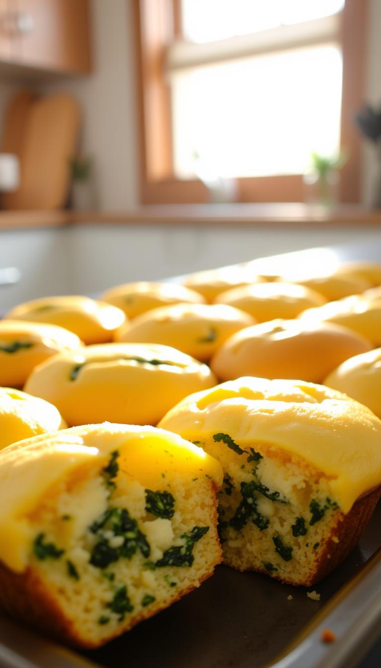 A tray of freshly baked spinach and feta egg muffins, their fluffy golden-brown tops glistening under the warm, natural light streaming through a kitchen window. The muffins are arranged neatly, their cross-sections revealing the vibrant green flecks of spinach and creamy feta cheese nestled within the soft, eggy interiors. The scene is captured from a slightly elevated angle, showcasing the muffins' appealing texture and inviting aroma. The background is subtly blurred, keeping the focus on the delectable baked goods and their appetizing presentation.