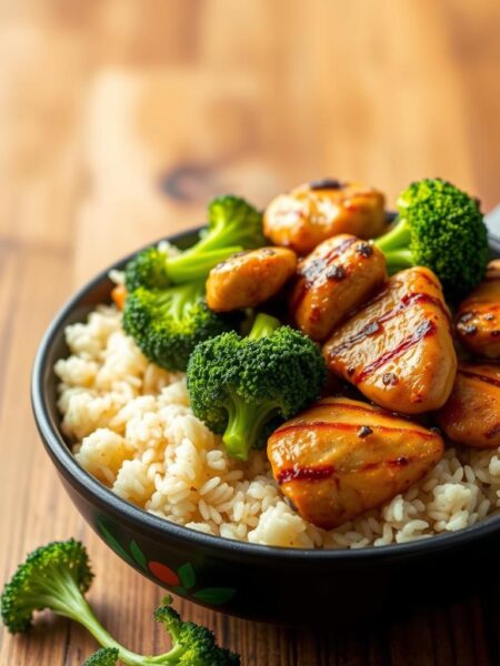 A vibrant and appetizing scene of a healthy chicken and broccoli rice skillet, capturing the essence of the dish. In the foreground, a steaming bowl filled with tender, seared chicken pieces nestled alongside brightly colored broccoli florets, all resting atop a bed of fluffy, freshly cooked rice. The middle ground showcases a wooden table with natural textures, complementing the earthy tones of the dish. Soft, even lighting illuminates the scene, creating a warm and inviting atmosphere. The overall composition highlights the simplicity and nutritional value of this quick and delicious meal, perfect for a weeknight dinner.
