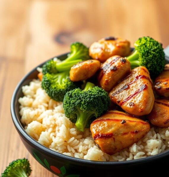 A vibrant and appetizing scene of a healthy chicken and broccoli rice skillet, capturing the essence of the dish. In the foreground, a steaming bowl filled with tender, seared chicken pieces nestled alongside brightly colored broccoli florets, all resting atop a bed of fluffy, freshly cooked rice. The middle ground showcases a wooden table with natural textures, complementing the earthy tones of the dish. Soft, even lighting illuminates the scene, creating a warm and inviting atmosphere. The overall composition highlights the simplicity and nutritional value of this quick and delicious meal, perfect for a weeknight dinner.