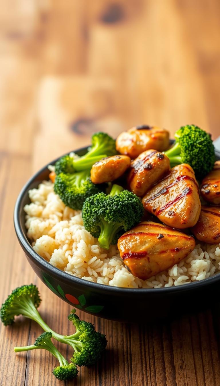 A vibrant and appetizing scene of a healthy chicken and broccoli rice skillet, capturing the essence of the dish. In the foreground, a steaming bowl filled with tender, seared chicken pieces nestled alongside brightly colored broccoli florets, all resting atop a bed of fluffy, freshly cooked rice. The middle ground showcases a wooden table with natural textures, complementing the earthy tones of the dish. Soft, even lighting illuminates the scene, creating a warm and inviting atmosphere. The overall composition highlights the simplicity and nutritional value of this quick and delicious meal, perfect for a weeknight dinner.