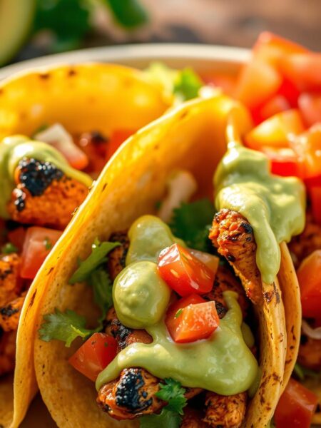 A vibrant and appetizing scene of perfectly grilled chipotle lime chicken tucked into warm, soft tortilla shells, garnished with freshly diced tomatoes, crisp lettuce, and a generous drizzle of creamy avocado crema. The light hits the dish at a warm, golden angle, casting a mouthwatering glow and highlighting the juicy, charred edges of the chicken. The taco shells are arranged in a visually pleasing, slightly overlapping pattern, inviting the viewer to take a bite. The background is subtly blurred, keeping the focus on the delectable tacos in the foreground.