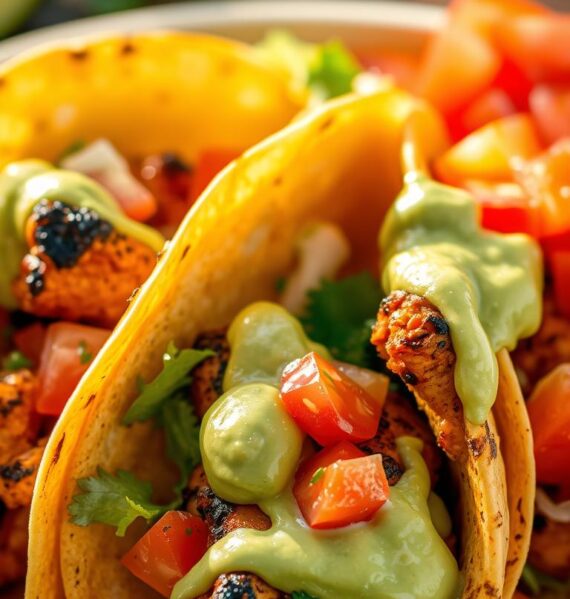 A vibrant and appetizing scene of perfectly grilled chipotle lime chicken tucked into warm, soft tortilla shells, garnished with freshly diced tomatoes, crisp lettuce, and a generous drizzle of creamy avocado crema. The light hits the dish at a warm, golden angle, casting a mouthwatering glow and highlighting the juicy, charred edges of the chicken. The taco shells are arranged in a visually pleasing, slightly overlapping pattern, inviting the viewer to take a bite. The background is subtly blurred, keeping the focus on the delectable tacos in the foreground.