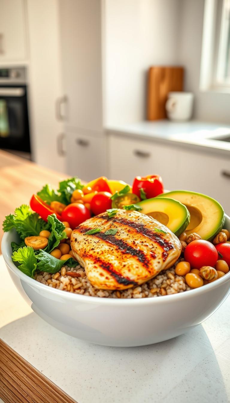 A vibrant and nourishing Chicken and Quinoa Power Bowl, basking in warm natural lighting. In the foreground, a succulent grilled chicken breast nestled atop a bed of fluffy quinoa, adorned with a rainbow of fresh vegetables - crisp kale, juicy cherry tomatoes, crunchy bell peppers, and earthy chickpeas. The middle ground features an array of superfood garnishes, including sliced avocado, toasted pumpkin seeds, and a drizzle of tangy lemon vinaigrette. The background showcases a clean, minimalist kitchen counter, with a glimpse of a bright window letting in the soft, golden glow. The overall composition exudes a sense of wholesome, heart-healthy indulgence.