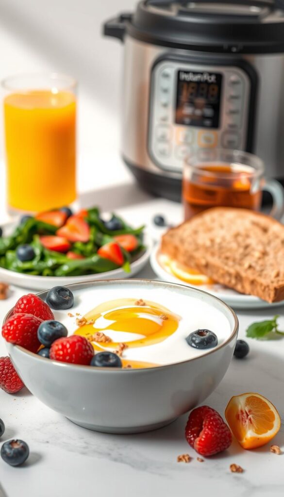 A vibrant, appetizing arrangement of healthy morning meals set against a clean, minimalist background. In the foreground, a bowl of homemade Instant Pot yogurt, topped with fresh berries, drizzled with honey, and sprinkled with granola. In the middle ground, a plate of scrambled eggs, sautéed spinach, and whole grain toast. In the background, a glass of freshly squeezed orange juice and a steaming mug of herbal tea. Soft, natural lighting illuminates the scene, highlighting the textures and colors of the nutritious breakfast items. The overall atmosphere conveys a sense of wholesome, energizing simplicity.