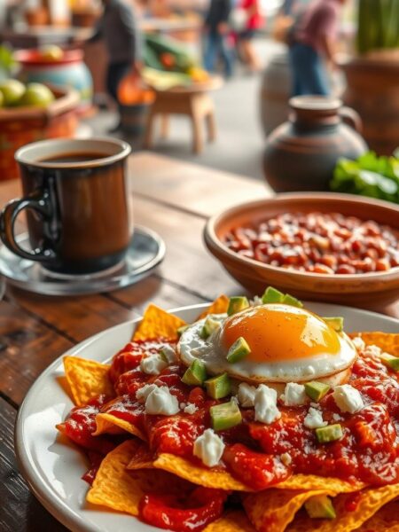 A vibrant, appetizing scene of Mexican chilaquiles, a classic breakfast dish. In the foreground, a plate of crispy tortilla chips drenched in a lively red enchilada sauce, topped with crumbled queso fresco, diced avocado, and a freshly fried egg with a golden runny yolk. The middle ground features a rustic wooden table, with a steaming mug of strong Mexican coffee and a side of refried beans in a traditional clay dish. In the background, a glimpse of a lively Mexican market, with colorful produce and woven baskets. Warm, natural lighting illuminates the scene, capturing the rich, mouthwatering textures and flavors of this international breakfast delight.