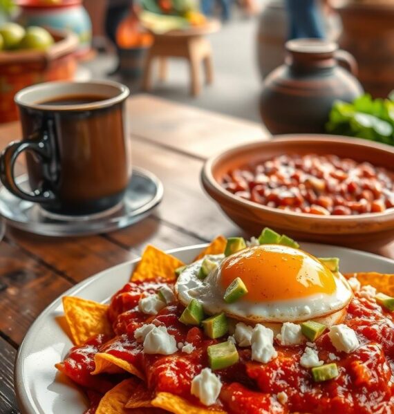 A vibrant, appetizing scene of Mexican chilaquiles, a classic breakfast dish. In the foreground, a plate of crispy tortilla chips drenched in a lively red enchilada sauce, topped with crumbled queso fresco, diced avocado, and a freshly fried egg with a golden runny yolk. The middle ground features a rustic wooden table, with a steaming mug of strong Mexican coffee and a side of refried beans in a traditional clay dish. In the background, a glimpse of a lively Mexican market, with colorful produce and woven baskets. Warm, natural lighting illuminates the scene, capturing the rich, mouthwatering textures and flavors of this international breakfast delight.