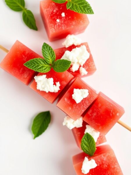 A vibrant arrangement of watermelon cubes, feta cheese crumbles, and fresh mint leaves, artfully skewered and displayed against a crisp white background. Soft, natural lighting illuminates the juicy texture of the watermelon and the creamy tanginess of the feta. The composition is balanced, with the skewers positioned at a slight angle, creating a sense of movement and energy. The overall mood is fresh, summery, and inviting, hinting at the delicious flavor profile of this healthy fruit-based snack.