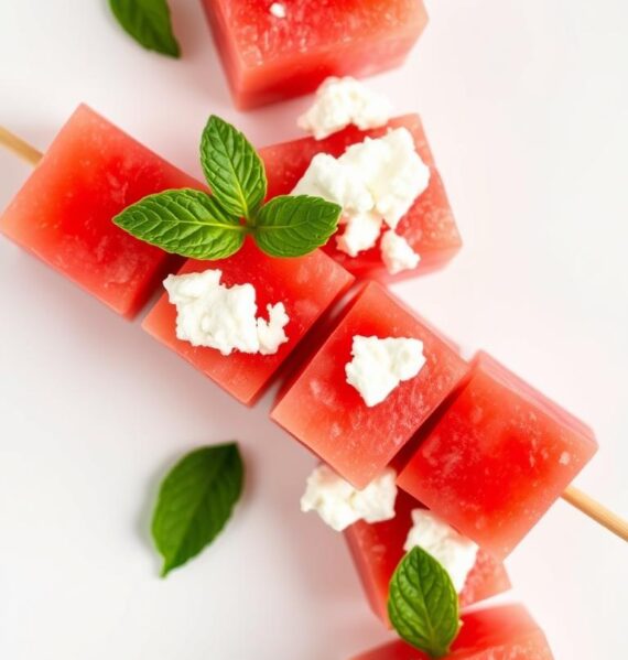 A vibrant arrangement of watermelon cubes, feta cheese crumbles, and fresh mint leaves, artfully skewered and displayed against a crisp white background. Soft, natural lighting illuminates the juicy texture of the watermelon and the creamy tanginess of the feta. The composition is balanced, with the skewers positioned at a slight angle, creating a sense of movement and energy. The overall mood is fresh, summery, and inviting, hinting at the delicious flavor profile of this healthy fruit-based snack.
