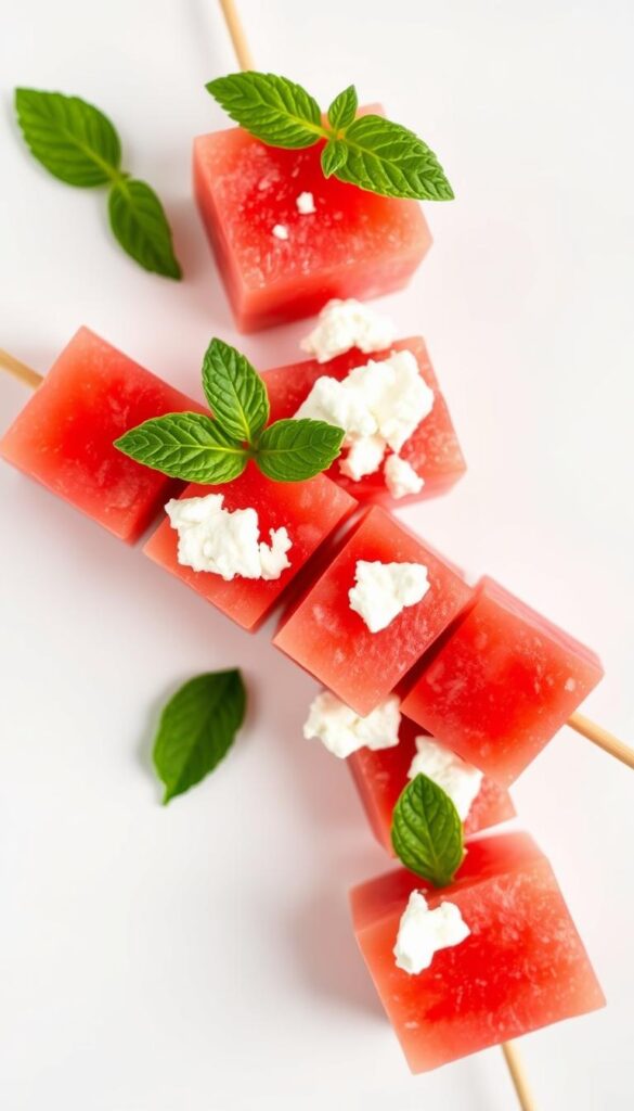 A vibrant arrangement of watermelon cubes, feta cheese crumbles, and fresh mint leaves, artfully skewered and displayed against a crisp white background. Soft, natural lighting illuminates the juicy texture of the watermelon and the creamy tanginess of the feta. The composition is balanced, with the skewers positioned at a slight angle, creating a sense of movement and energy. The overall mood is fresh, summery, and inviting, hinting at the delicious flavor profile of this healthy fruit-based snack.