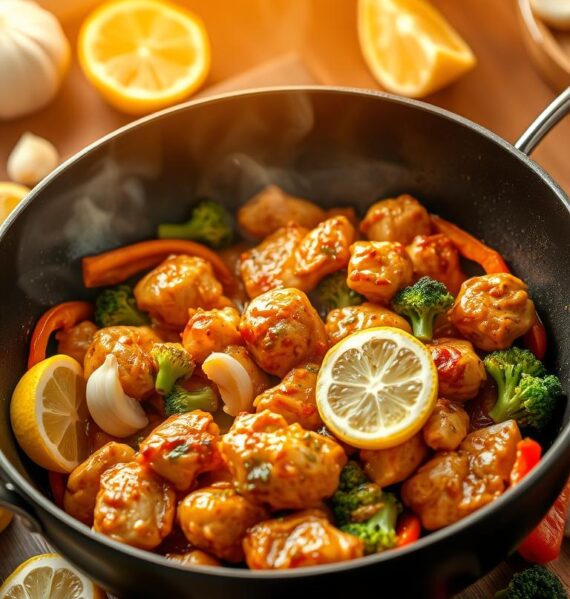 A vibrant lemon garlic chicken stir-fry sizzling in a wok, surrounded by freshly chopped garlic, lemon wedges, and a medley of crisp vegetables like bell peppers, broccoli, and carrots. The chicken is cooked to a golden-brown perfection, glistening with a savory, tangy sauce. Warm lighting from above casts a cozy glow, highlighting the dish's appetizing textures and colors. The composition is slightly angled, drawing the viewer's eye to the center of the frame, where the steaming stir-fry takes center stage. The atmosphere is one of mouth-watering, home-cooked deliciousness, perfect for a healthy and flavorful meal.