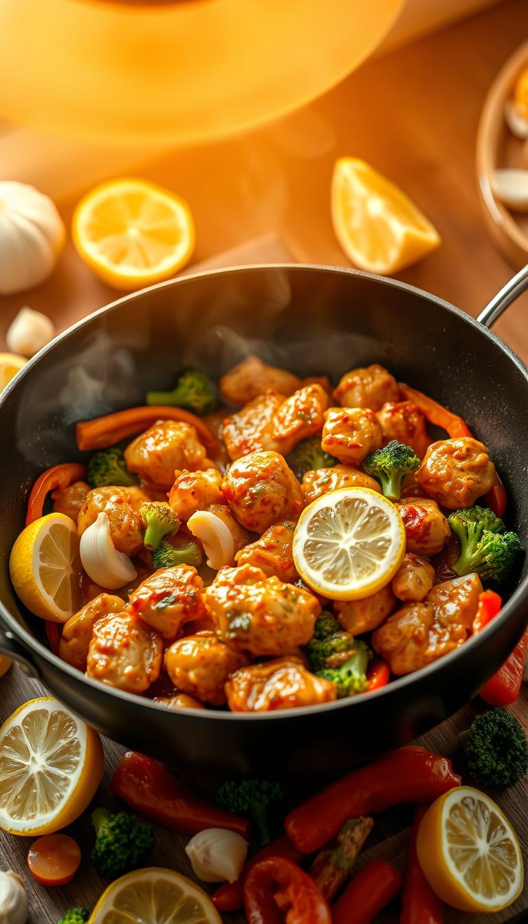 A vibrant lemon garlic chicken stir-fry sizzling in a wok, surrounded by freshly chopped garlic, lemon wedges, and a medley of crisp vegetables like bell peppers, broccoli, and carrots. The chicken is cooked to a golden-brown perfection, glistening with a savory, tangy sauce. Warm lighting from above casts a cozy glow, highlighting the dish's appetizing textures and colors. The composition is slightly angled, drawing the viewer's eye to the center of the frame, where the steaming stir-fry takes center stage. The atmosphere is one of mouth-watering, home-cooked deliciousness, perfect for a healthy and flavorful meal.