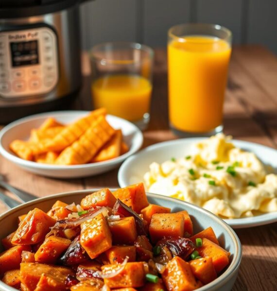 A vibrant morning scene of a healthy breakfast spread, captured in soft, natural lighting. In the foreground, a steaming bowl of Instant Pot sweet potato hash, brimming with diced sweet potatoes, sautéed onions, and aromatic spices. Alongside, a plate of scrambled eggs, fluffy and golden, garnished with fresh chives. In the middle ground, a glass of freshly squeezed orange juice, its vibrant hue reflecting the warm tones of the meal. The background features a rustic wooden table, complemented by a simple, minimalist aesthetic, allowing the nourishing fare to take center stage. The overall atmosphere exudes a sense of warmth, simplicity, and the inviting essence of a wholesome, homemade breakfast.