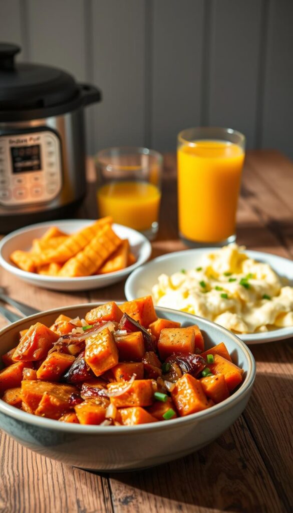 A vibrant morning scene of a healthy breakfast spread, captured in soft, natural lighting. In the foreground, a steaming bowl of Instant Pot sweet potato hash, brimming with diced sweet potatoes, sautéed onions, and aromatic spices. Alongside, a plate of scrambled eggs, fluffy and golden, garnished with fresh chives. In the middle ground, a glass of freshly squeezed orange juice, its vibrant hue reflecting the warm tones of the meal. The background features a rustic wooden table, complemented by a simple, minimalist aesthetic, allowing the nourishing fare to take center stage. The overall atmosphere exudes a sense of warmth, simplicity, and the inviting essence of a wholesome, homemade breakfast.