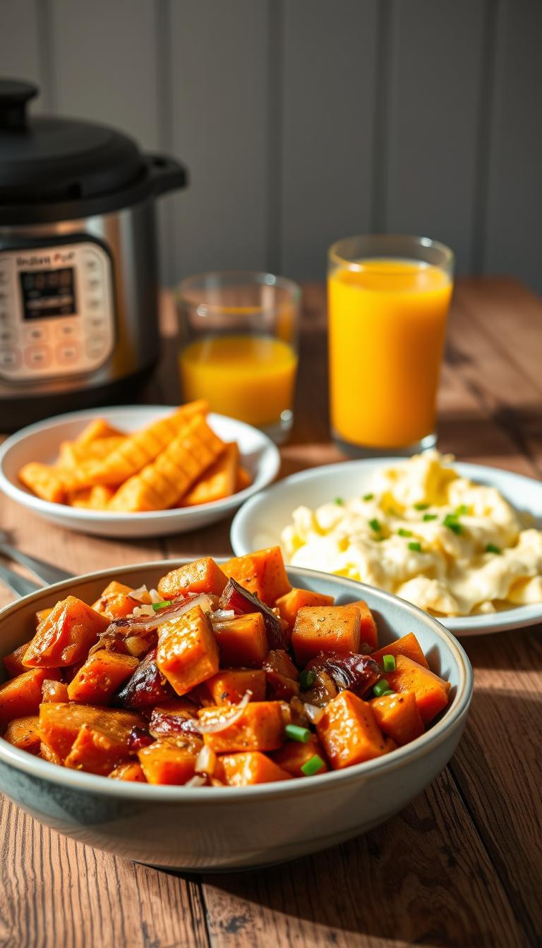 A vibrant morning scene of a healthy breakfast spread, captured in soft, natural lighting. In the foreground, a steaming bowl of Instant Pot sweet potato hash, brimming with diced sweet potatoes, sautéed onions, and aromatic spices. Alongside, a plate of scrambled eggs, fluffy and golden, garnished with fresh chives. In the middle ground, a glass of freshly squeezed orange juice, its vibrant hue reflecting the warm tones of the meal. The background features a rustic wooden table, complemented by a simple, minimalist aesthetic, allowing the nourishing fare to take center stage. The overall atmosphere exudes a sense of warmth, simplicity, and the inviting essence of a wholesome, homemade breakfast.