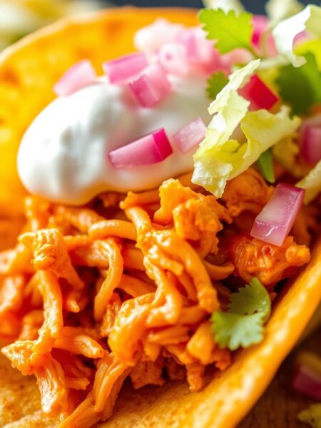 A vibrant, mouth-watering close-up of a buffalo chicken taco, showcasing juicy, shredded chicken in a crisp, golden-brown tortilla shell. The succulent chicken is coated in a tangy, spicy buffalo sauce, creating a harmonious blend of flavors. Atop the chicken, a creamy dollop of cool, refreshing sour cream adds a delightful contrast. Garnished with fresh, crunchy shredded lettuce and a vibrant sprinkling of diced red onion, the taco appears to be illuminated by warm, natural lighting, capturing its inviting and appetizing essence. The camera angle is slightly elevated, highlighting the taco's delectable layering and textures, inviting the viewer to savor every bite.