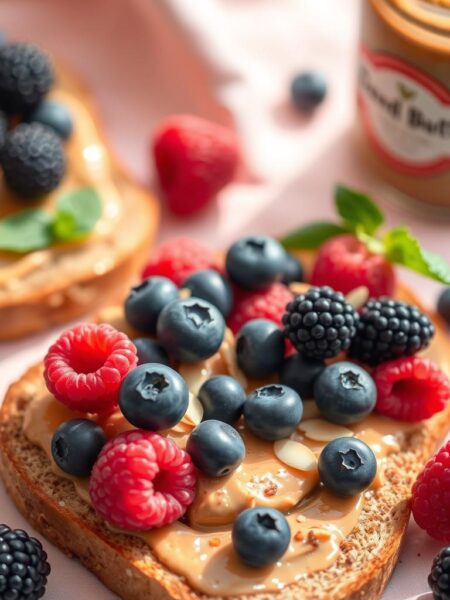 A vibrant, mouthwatering arrangement of healthy breakfast options, featuring a slice of toasted whole-grain bread, generously spread with creamy almond butter and topped with an assortment of fresh, juicy berries - succulent blueberries, raspberries, and blackberries. The scene is bathed in warm, natural lighting, casting a soft, inviting glow across the scene. The composition is carefully balanced, with the toast positioned in the foreground, the berries cascading artfully across the surface, and a subtle backdrop of pastel-colored linens or tabletop. The overall mood is one of wholesome, nourishing simplicity, perfectly capturing the essence of the "Almond Butter & Berry Toast" section.