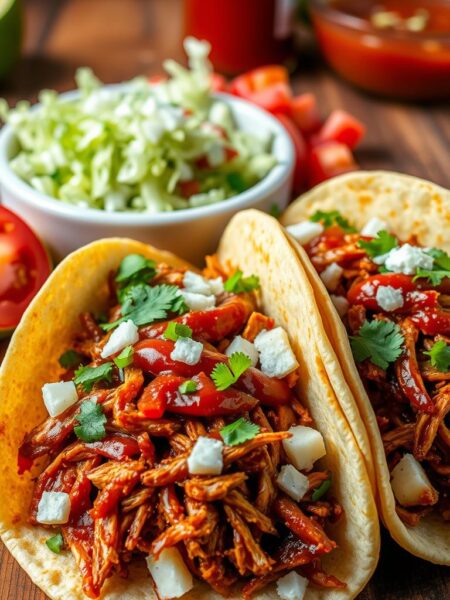 A vibrant, mouthwatering scene of delectable BBQ shredded chicken tacos. In the foreground, two soft tortillas cradle a generous filling of tender, spice-rubbed chicken, shredded and glistening with a sweet and tangy barbecue sauce. Diced onions, fresh cilantro, and a sprinkle of crumbly cotija cheese add texture and flavor. In the middle ground, a small dish overflows with crisp shredded lettuce and diced tomatoes, inviting the viewer to customize their taco experience. The background showcases a rustic wooden table, with a bottle of hot sauce and a wedge of lime providing the final accents to this irresistible taco feast, illuminated by warm, natural lighting.