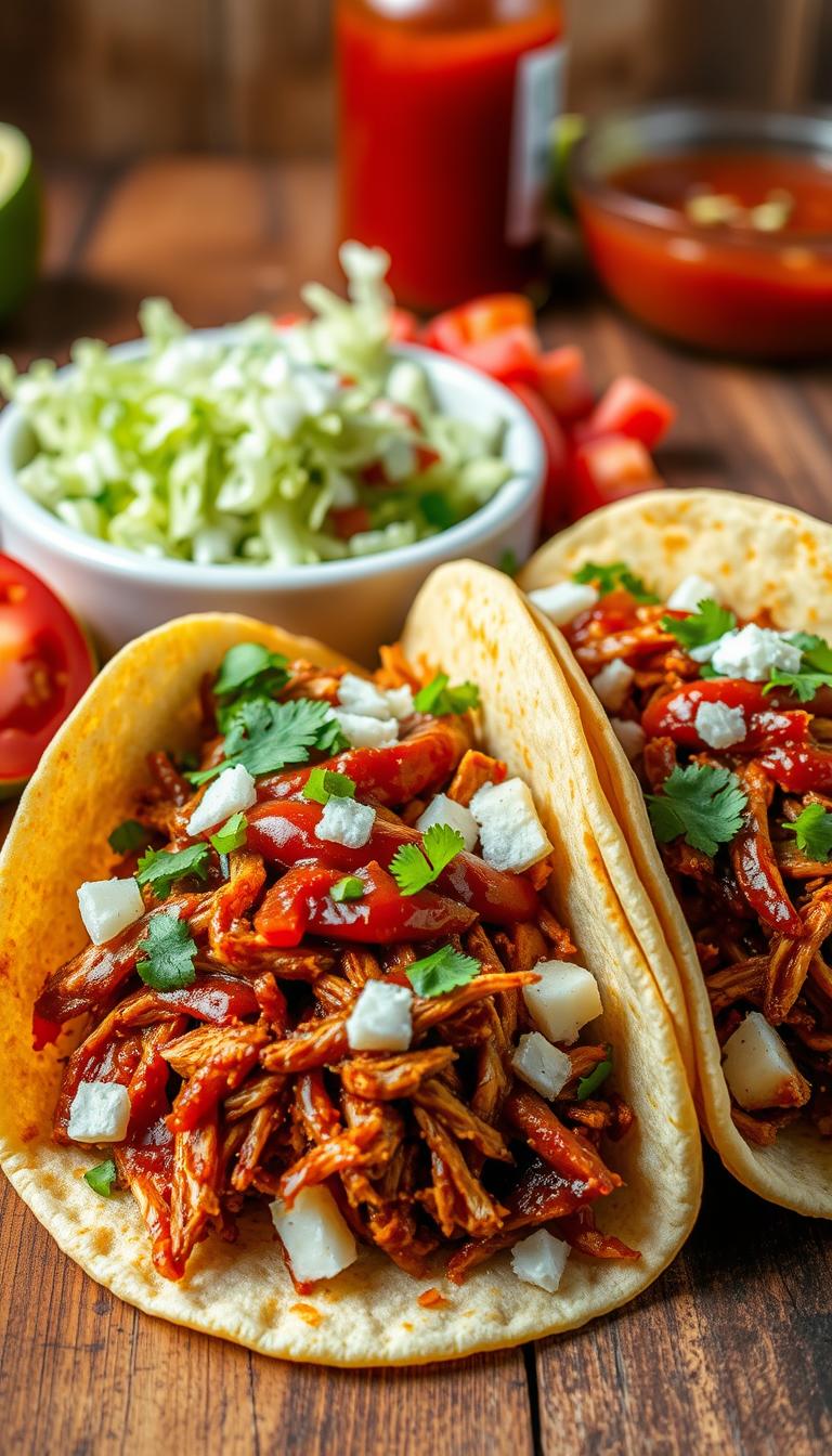 A vibrant, mouthwatering scene of delectable BBQ shredded chicken tacos. In the foreground, two soft tortillas cradle a generous filling of tender, spice-rubbed chicken, shredded and glistening with a sweet and tangy barbecue sauce. Diced onions, fresh cilantro, and a sprinkle of crumbly cotija cheese add texture and flavor. In the middle ground, a small dish overflows with crisp shredded lettuce and diced tomatoes, inviting the viewer to customize their taco experience. The background showcases a rustic wooden table, with a bottle of hot sauce and a wedge of lime providing the final accents to this irresistible taco feast, illuminated by warm, natural lighting.