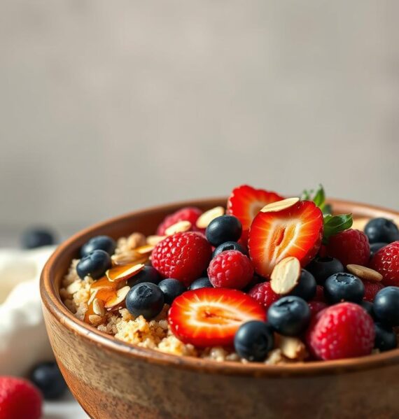 A vibrant quinoa berry breakfast bowl set against a muted, light-filled backdrop. In the foreground, a large, rustic ceramic bowl filled with fluffy, pearl-like quinoa, adorned with an array of fresh berries - juicy blueberries, tart raspberries, and vibrant strawberry slices. Sprinkled throughout are crunchy toasted almonds and a drizzle of honey, creating a captivating contrast of textures and flavors. The lighting is soft and diffused, emanating a cozy, inviting atmosphere. The scene is captured from a high angle, emphasizing the bowl's warmth and the enticing nature of the dish.