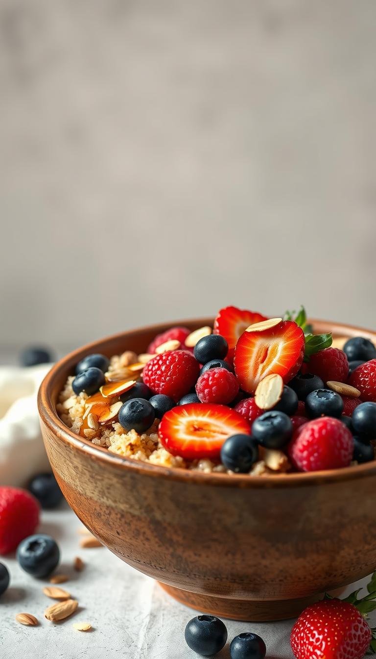 A vibrant quinoa berry breakfast bowl set against a muted, light-filled backdrop. In the foreground, a large, rustic ceramic bowl filled with fluffy, pearl-like quinoa, adorned with an array of fresh berries - juicy blueberries, tart raspberries, and vibrant strawberry slices. Sprinkled throughout are crunchy toasted almonds and a drizzle of honey, creating a captivating contrast of textures and flavors. The lighting is soft and diffused, emanating a cozy, inviting atmosphere. The scene is captured from a high angle, emphasizing the bowl's warmth and the enticing nature of the dish.