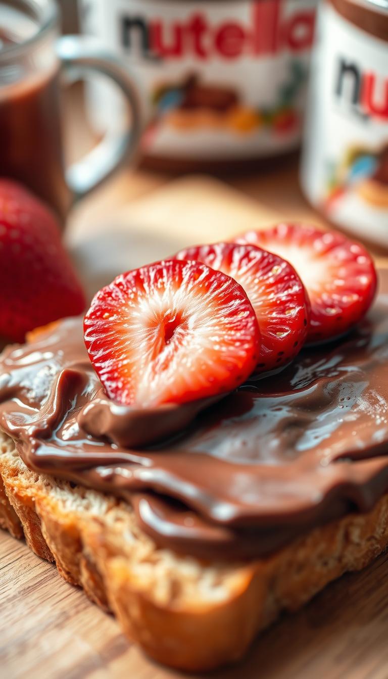 A warm and inviting close-up shot of a slice of toasted bread, the surface glistening with a generous spread of rich, creamy Nutella. Atop the chocolate-hazelnut delight, fresh strawberry slices are artfully arranged, their vibrant red hues creating a delightful contrast. The scene is bathed in soft, natural lighting, evoking a cozy, homemade ambiance. The angle is slightly elevated, allowing the viewer to fully appreciate the textures and layered flavors of this simple yet indulgent breakfast treat. The overall composition is visually appealing, highlighting the simplicity and elegance of this Nutella and strawberry toast creation.