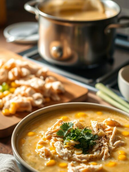 A warm, cozy kitchen scene featuring a bowl of steaming chicken and corn chowder, the shredded chicken glistening in the soft, natural lighting. In the foreground, the soup is garnished with freshly chopped parsley, a sprinkle of black pepper, and a drizzle of cream. The middle ground showcases a wooden cutting board with shredded chicken, fresh corn kernels, and sautéed onions and celery. In the background, a vintage-inspired pot simmers on the stove, steam gently rising. The overall atmosphere is comforting and inviting, evoking the perfect meal for a chilly day.