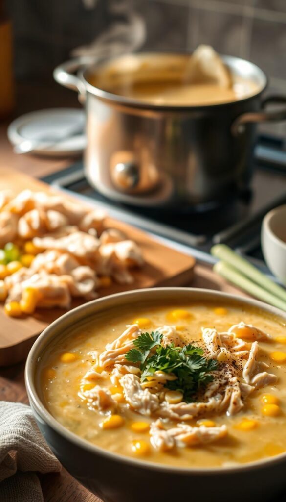 A warm, cozy kitchen scene featuring a bowl of steaming chicken and corn chowder, the shredded chicken glistening in the soft, natural lighting. In the foreground, the soup is garnished with freshly chopped parsley, a sprinkle of black pepper, and a drizzle of cream. The middle ground showcases a wooden cutting board with shredded chicken, fresh corn kernels, and sautéed onions and celery. In the background, a vintage-inspired pot simmers on the stove, steam gently rising. The overall atmosphere is comforting and inviting, evoking the perfect meal for a chilly day.