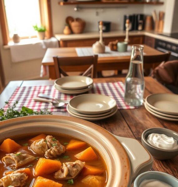 A warm, rustic scene of Slow Cooker Chicken and Sweet Potatoes. In the foreground, a hearty stew bubbles in a large ceramic slow cooker, the tender chicken and vibrant orange sweet potatoes swimming in a rich, savory broth. Scattered around the cooker are fresh herbs, a wooden spoon, and a small bowl of thick, creamy yogurt. In the middle ground, a wooden table is set with a checkered cloth, simple ceramic plates, and a carafe of water, inviting the viewer to sit down and enjoy the comforting meal. The background features a cozy, country-style kitchen, with exposed beams, a farmhouse sink, and warm, natural lighting filtering in through a window. The overall mood is one of homey, hearty satisfaction.