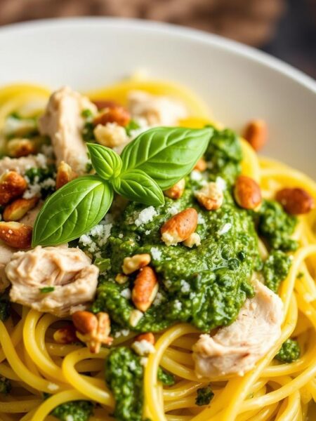 A well-lit close-up shot of a steaming plate of pesto chicken spaghetti squash, showcasing the vivid green pesto sauce, shredded chicken, and tender strands of spaghetti squash. The pasta is garnished with fresh basil leaves, toasted pine nuts, and a sprinkle of grated Parmesan cheese. The composition is balanced, with the pasta taking up the majority of the frame, highlighting the nourishing and comforting nature of the dish. The lighting is soft and warm, creating a cozy and inviting atmosphere. The image conveys a sense of culinary craftsmanship and healthy, flavorful indulgence.