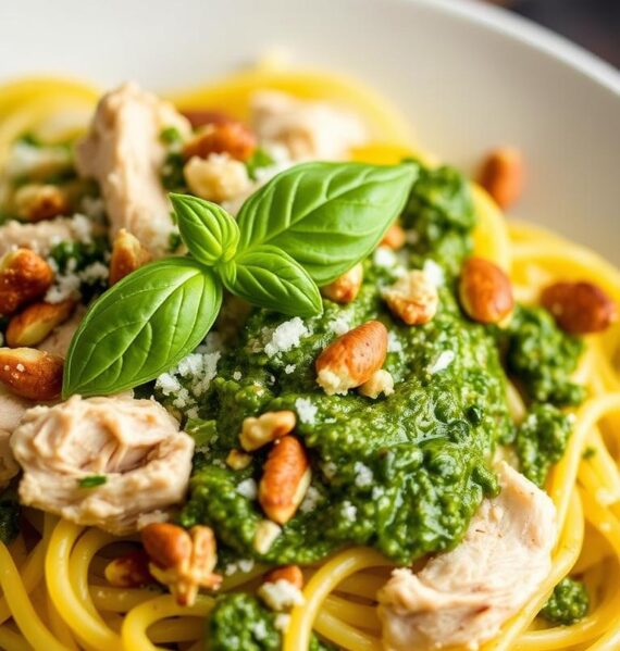 A well-lit close-up shot of a steaming plate of pesto chicken spaghetti squash, showcasing the vivid green pesto sauce, shredded chicken, and tender strands of spaghetti squash. The pasta is garnished with fresh basil leaves, toasted pine nuts, and a sprinkle of grated Parmesan cheese. The composition is balanced, with the pasta taking up the majority of the frame, highlighting the nourishing and comforting nature of the dish. The lighting is soft and warm, creating a cozy and inviting atmosphere. The image conveys a sense of culinary craftsmanship and healthy, flavorful indulgence.