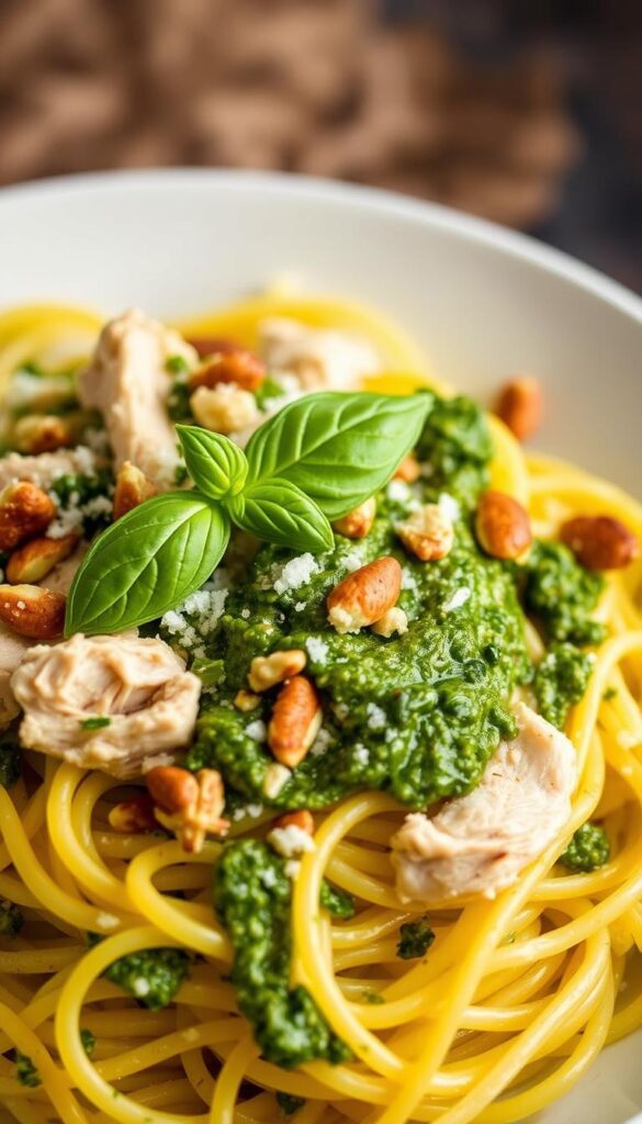 A well-lit close-up shot of a steaming plate of pesto chicken spaghetti squash, showcasing the vivid green pesto sauce, shredded chicken, and tender strands of spaghetti squash. The pasta is garnished with fresh basil leaves, toasted pine nuts, and a sprinkle of grated Parmesan cheese. The composition is balanced, with the pasta taking up the majority of the frame, highlighting the nourishing and comforting nature of the dish. The lighting is soft and warm, creating a cozy and inviting atmosphere. The image conveys a sense of culinary craftsmanship and healthy, flavorful indulgence.