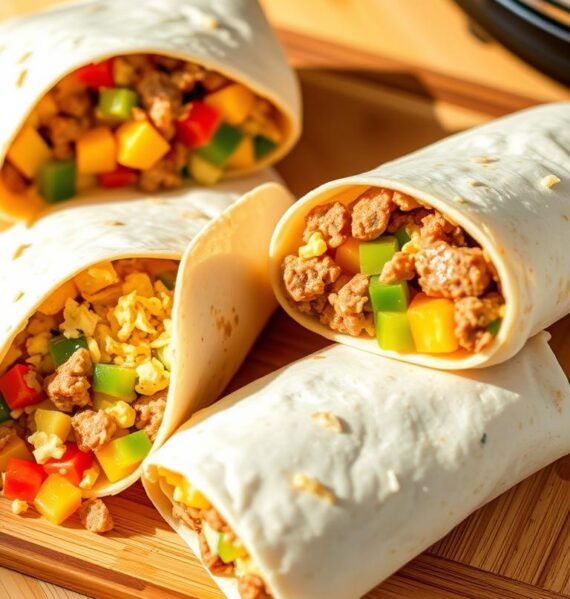 Appetizing Instant Pot breakfast burritos on a wooden cutting board, with fresh ingredients such as scrambled eggs, diced bell peppers, crumbled sausage, and shredded cheese. The burritos are wrapped in warm, soft tortillas, ready to be frozen for later enjoyment. Warm, natural lighting casts a cozy glow, highlighting the texture and vibrant colors of the ingredients. The composition is clean and inviting, capturing the make-ahead convenience and freezer-friendly nature of these delicious breakfast meals.