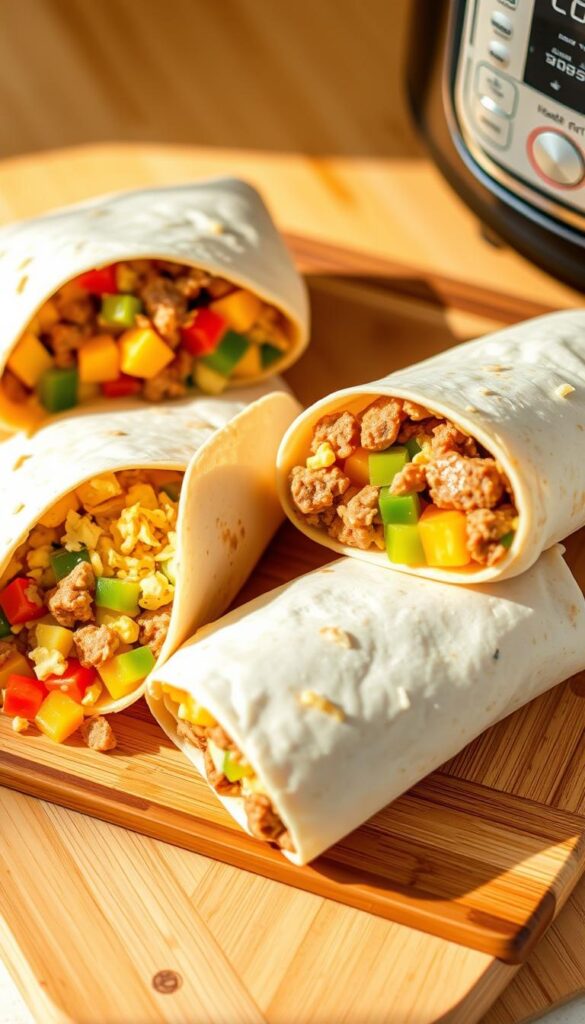 Appetizing Instant Pot breakfast burritos on a wooden cutting board, with fresh ingredients such as scrambled eggs, diced bell peppers, crumbled sausage, and shredded cheese. The burritos are wrapped in warm, soft tortillas, ready to be frozen for later enjoyment. Warm, natural lighting casts a cozy glow, highlighting the texture and vibrant colors of the ingredients. The composition is clean and inviting, capturing the make-ahead convenience and freezer-friendly nature of these delicious breakfast meals.