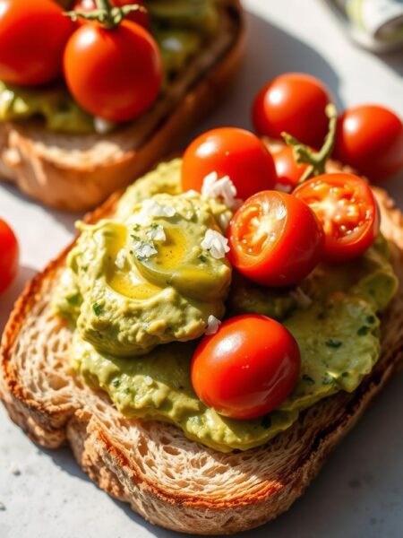 Avocado toast with cherry tomatoes, garnished with a drizzle of olive oil and a sprinkle of sea salt. The creamy avocado and juicy tomatoes are arranged artfully on a slice of rustic, toasted bread, bathed in natural light and captured from a slightly elevated angle. The scene exudes a sense of wholesome simplicity, perfect for a nourishing breakfast or a light snack. The overall mood is fresh, vibrant, and inviting, showcasing the delectable combination of flavors and textures.