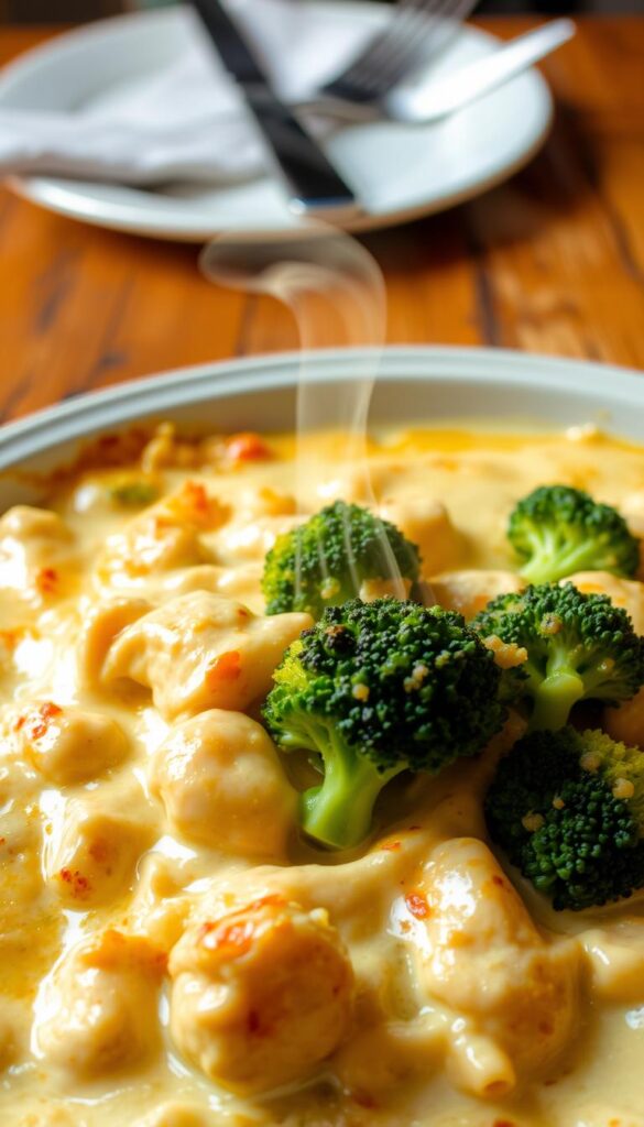 Broccoli florets nestled atop a creamy chicken Alfredo bake, baked to golden perfection. The foreground features a generous serving of the casserole, steam rising from the bubbly, cheese-topped dish. In the middle ground, tender chicken breast pieces and vibrant broccoli contrast beautifully against the rich, velvety Alfredo sauce. The background showcases a rustic, wooden table setting, with a plate, fork, and napkin arranged neatly. Warm, soft lighting casts a cozy, inviting atmosphere, accentuating the comforting, homemade nature of this delectable dish.