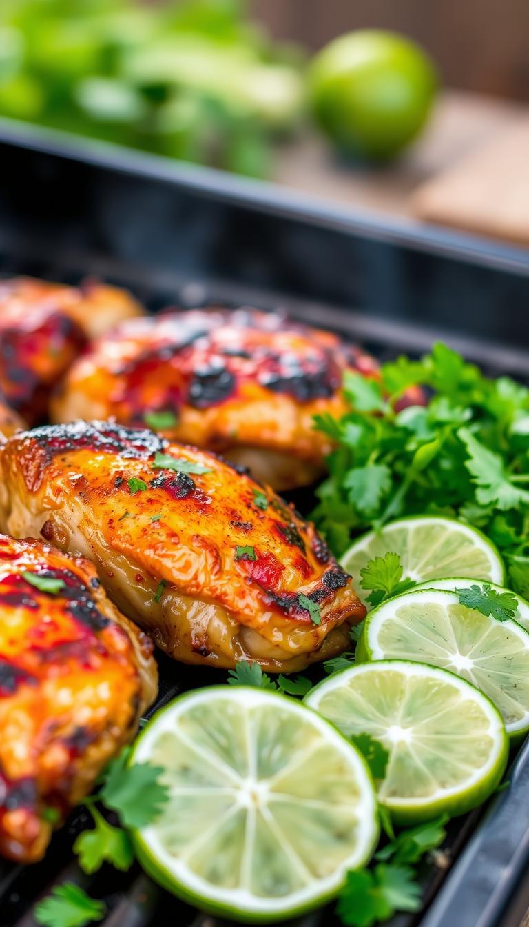 Cilantro Lime Grilled Chicken Thighs: Sizzling chicken thighs, charred and glistening, infused with the vibrant flavors of fresh cilantro and tangy lime. The foreground features a close-up view of the chicken, the juices dripping down the crispy skin, accentuated by a warm, golden glow from the grill. In the middle ground, a bed of fresh greens and sliced limes create a complementary palette, while the background suggests a rustic, outdoor setting, with the hazy silhouettes of grilling tools and a wooden surface. The overall atmosphere evokes a mouthwatering, backyard barbecue scene, perfectly capturing the essence of this flavorful grilled chicken dish.