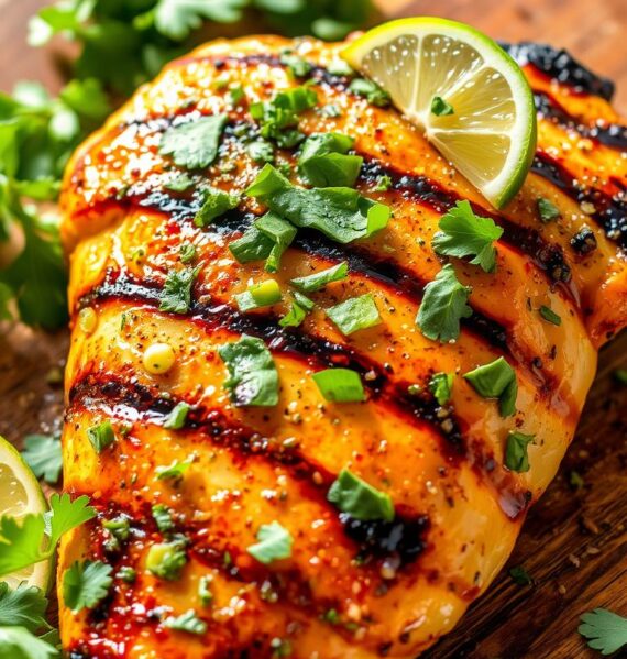 Cilantro lime grilled chicken, showcased in a rustic, sun-dappled setting. A succulent chicken breast, marinated in a tangy blend of fresh cilantro, zesty lime, and aromatic spices, seared to perfection over an open flame. The juices glisten on the charred surface, while a vibrant garnish of chopped cilantro leaves and thin lime wedges add a pop of color and freshness. The chicken rests atop a wooden cutting board, surrounded by a scattering of lush, green leaves, hinting at the healthy, flavorful nature of the dish. Soft, diffused lighting casts warm, golden tones, creating an inviting and appetizing atmosphere.