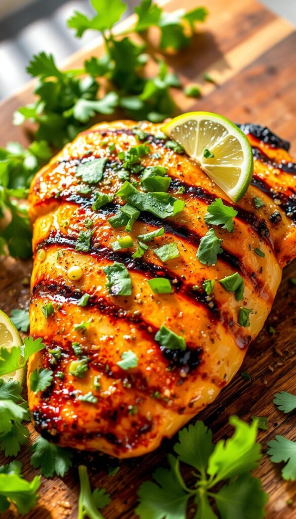 Cilantro lime grilled chicken, showcased in a rustic, sun-dappled setting. A succulent chicken breast, marinated in a tangy blend of fresh cilantro, zesty lime, and aromatic spices, seared to perfection over an open flame. The juices glisten on the charred surface, while a vibrant garnish of chopped cilantro leaves and thin lime wedges add a pop of color and freshness. The chicken rests atop a wooden cutting board, surrounded by a scattering of lush, green leaves, hinting at the healthy, flavorful nature of the dish. Soft, diffused lighting casts warm, golden tones, creating an inviting and appetizing atmosphere.