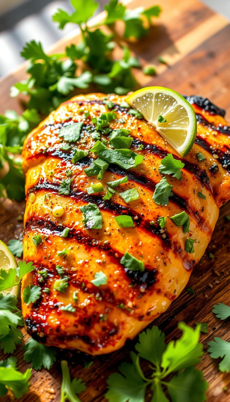 Cilantro lime grilled chicken, showcased in a rustic, sun-dappled setting. A succulent chicken breast, marinated in a tangy blend of fresh cilantro, zesty lime, and aromatic spices, seared to perfection over an open flame. The juices glisten on the charred surface, while a vibrant garnish of chopped cilantro leaves and thin lime wedges add a pop of color and freshness. The chicken rests atop a wooden cutting board, surrounded by a scattering of lush, green leaves, hinting at the healthy, flavorful nature of the dish. Soft, diffused lighting casts warm, golden tones, creating an inviting and appetizing atmosphere.