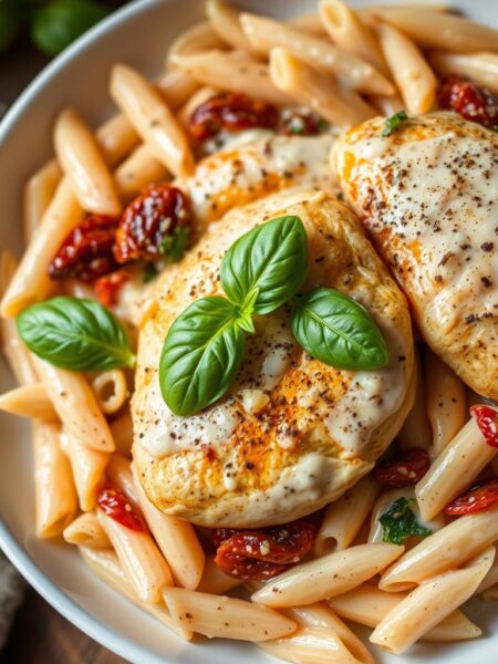 Creamy Tuscan chicken pasta, a rich and indulgent dish. A plate filled with al dente penne pasta, coated in a velvety sauce made with heavy cream, parmesan, and sun-dried tomatoes. Tender chicken breasts seared to perfection, nestled among the pasta. Garnished with fresh basil leaves and a sprinkle of cracked black pepper. The lighting is soft and warm, creating a cozy, inviting atmosphere. The camera angle is slightly elevated, showcasing the layers of flavors and textures. The overall scene radiates comfort and homemade goodness, making this the perfect dish for a satisfying, indulgent meal.