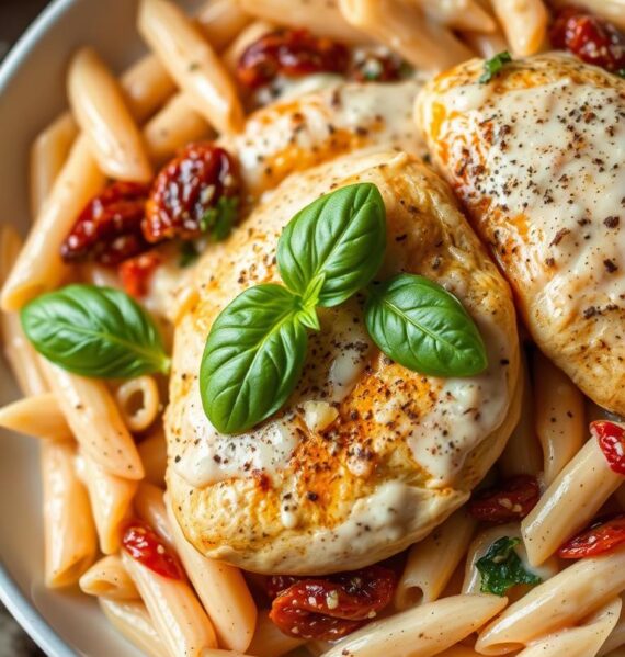 Creamy Tuscan chicken pasta, a rich and indulgent dish. A plate filled with al dente penne pasta, coated in a velvety sauce made with heavy cream, parmesan, and sun-dried tomatoes. Tender chicken breasts seared to perfection, nestled among the pasta. Garnished with fresh basil leaves and a sprinkle of cracked black pepper. The lighting is soft and warm, creating a cozy, inviting atmosphere. The camera angle is slightly elevated, showcasing the layers of flavors and textures. The overall scene radiates comfort and homemade goodness, making this the perfect dish for a satisfying, indulgent meal.
