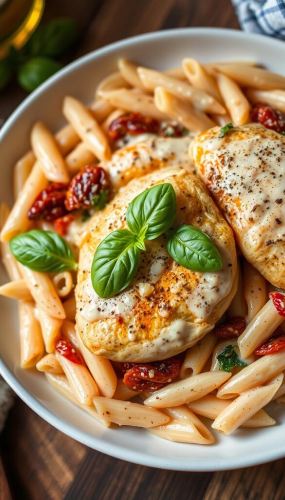 Creamy Tuscan chicken pasta, a rich and indulgent dish. A plate filled with al dente penne pasta, coated in a velvety sauce made with heavy cream, parmesan, and sun-dried tomatoes. Tender chicken breasts seared to perfection, nestled among the pasta. Garnished with fresh basil leaves and a sprinkle of cracked black pepper. The lighting is soft and warm, creating a cozy, inviting atmosphere. The camera angle is slightly elevated, showcasing the layers of flavors and textures. The overall scene radiates comfort and homemade goodness, making this the perfect dish for a satisfying, indulgent meal.