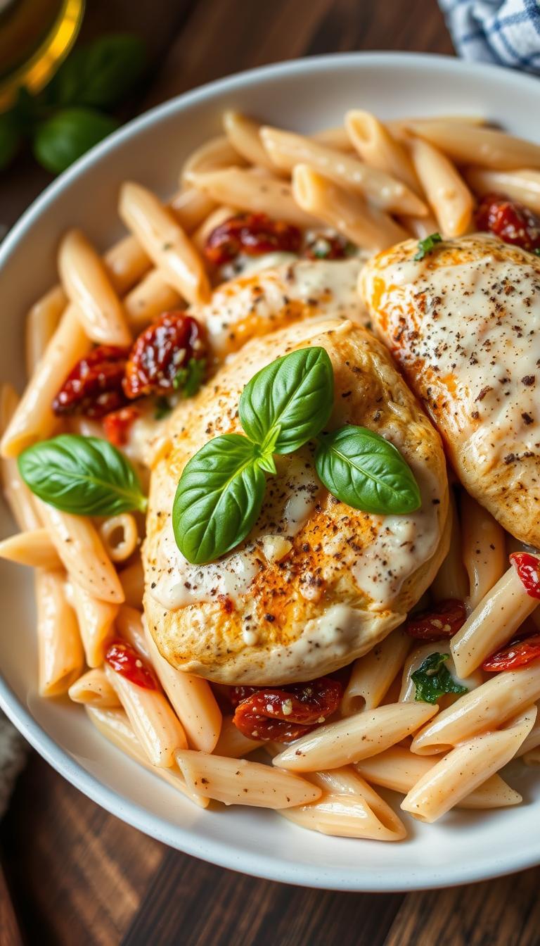 Creamy Tuscan chicken pasta, a rich and indulgent dish. A plate filled with al dente penne pasta, coated in a velvety sauce made with heavy cream, parmesan, and sun-dried tomatoes. Tender chicken breasts seared to perfection, nestled among the pasta. Garnished with fresh basil leaves and a sprinkle of cracked black pepper. The lighting is soft and warm, creating a cozy, inviting atmosphere. The camera angle is slightly elevated, showcasing the layers of flavors and textures. The overall scene radiates comfort and homemade goodness, making this the perfect dish for a satisfying, indulgent meal.